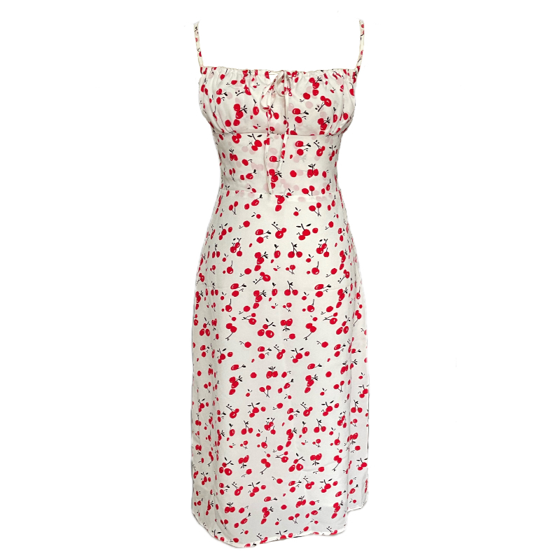 Floral Spaghetti Strap Dress, Waist-Cinched A-Line Midi Dress, French Print, 90s Inspired Summer Fashion