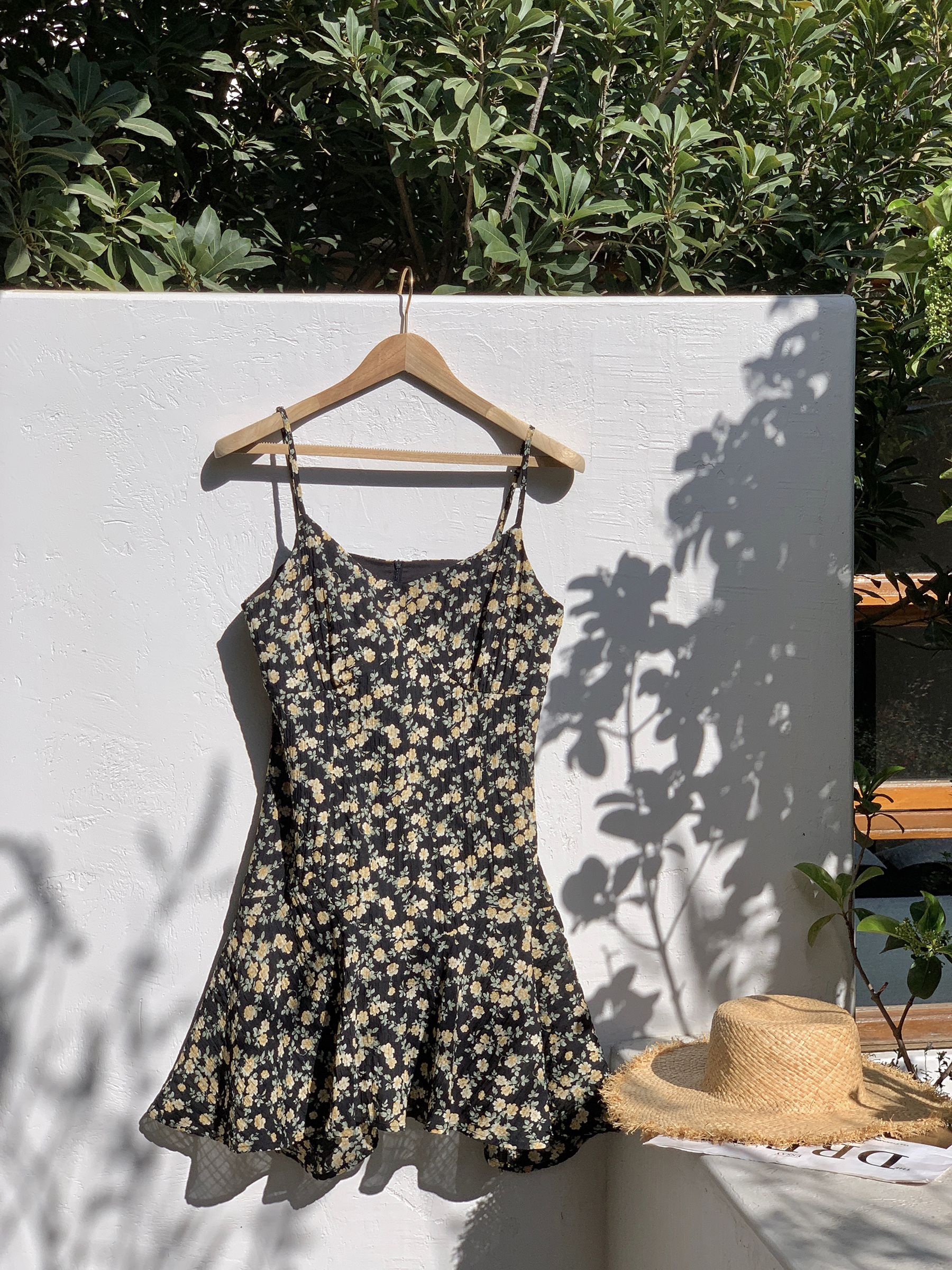 Floral Spaghetti Strap Dress with French V-Neck and Waist-Cinching Design - Midsummer Chic, Slimming Textured Skirt, Perfect for Daywear