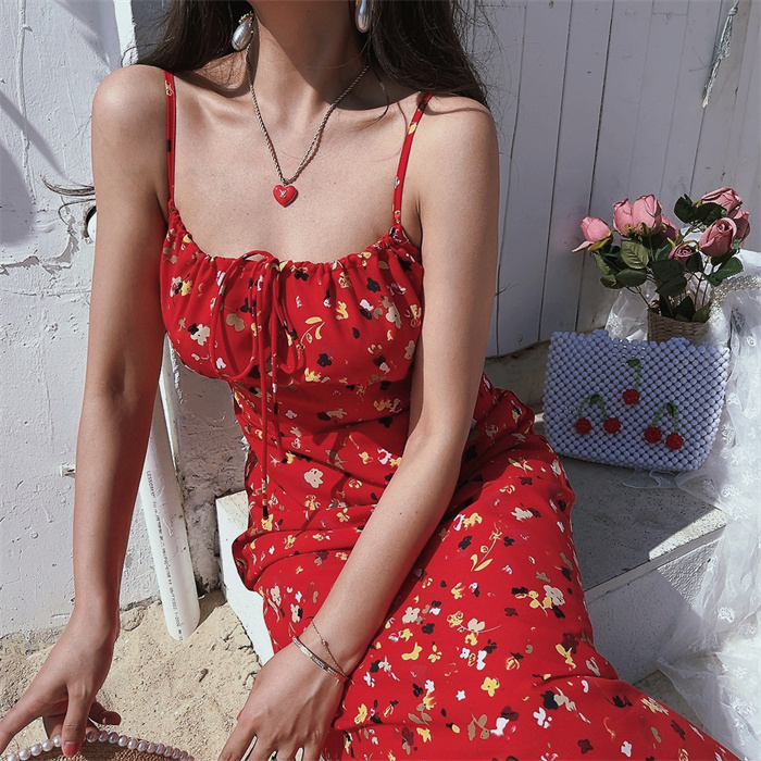 Floral Square-Neck Camisole Long Dress in Chenopod Fabric - Vintage French Style for Women, Spring/Summer 2025 Vacation Fashion