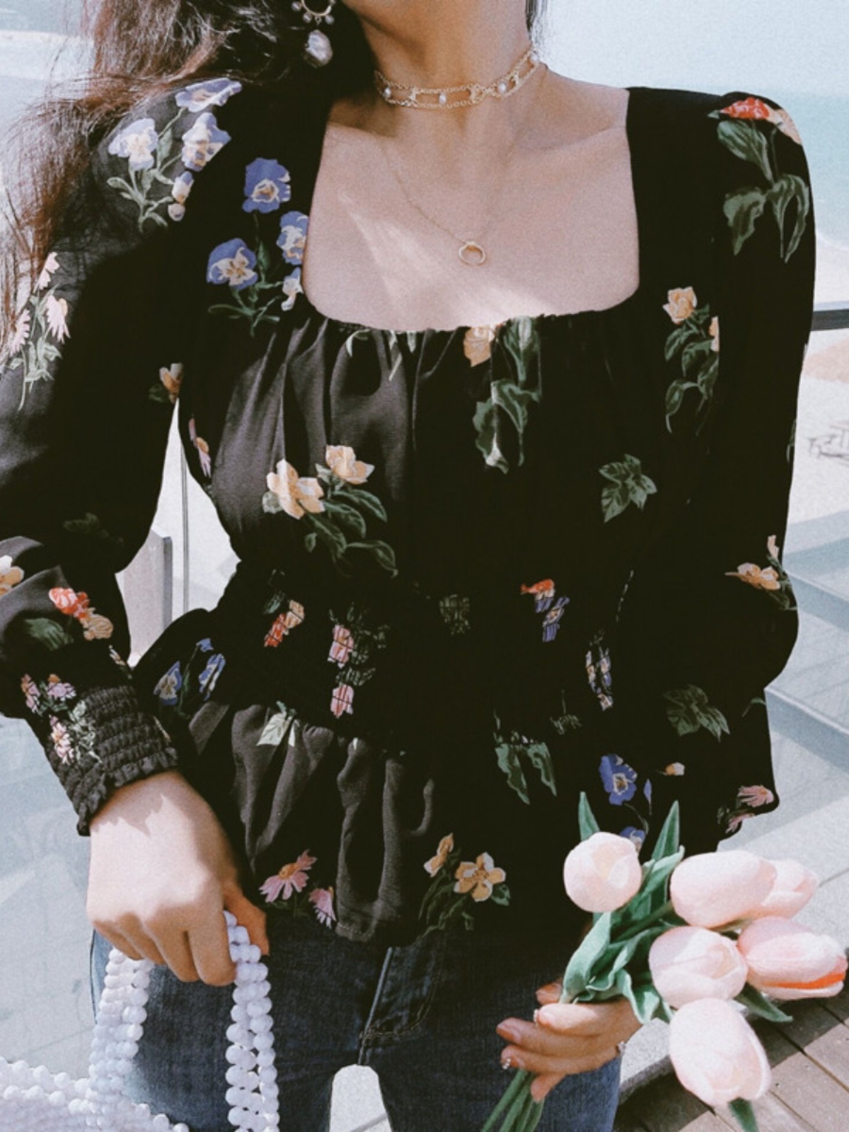 Floral Square Neck Lantern Sleeve Shirt - Vintage-Inspired Paper Doll Top for Spring Summer Vacation - Waist-Cinching Style