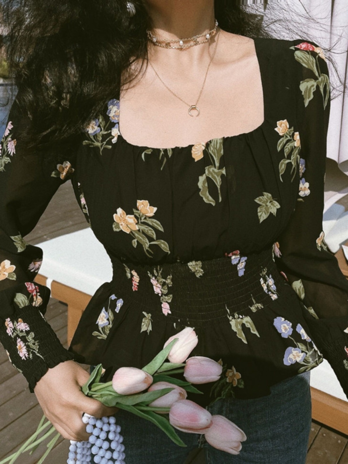 Floral Square Neck Lantern Sleeve Shirt - Vintage-Inspired Paper Doll Top for Spring Summer Vacation - Waist-Cinching Style