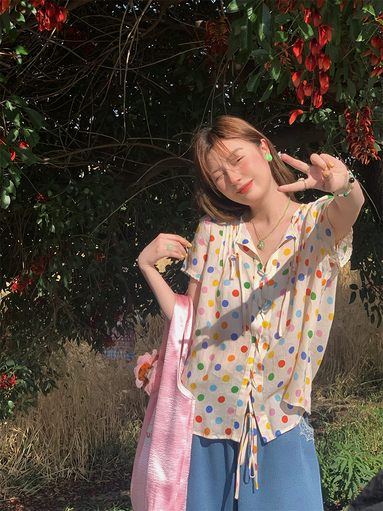 Floral Star Dots Shoulder Cross Strap Short Sleeve Shirt Women's Summer Loose Doll Top - Vintage 90s Style Fashion