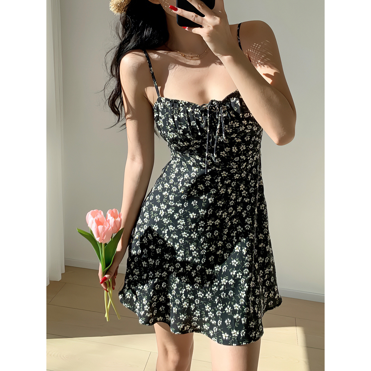 Floral Tie Strap Slim Fit A-Line Dress - Fresh Girl Style for Vacation, Short Skirt Inspired by 90s & Y2K Fashion Trends