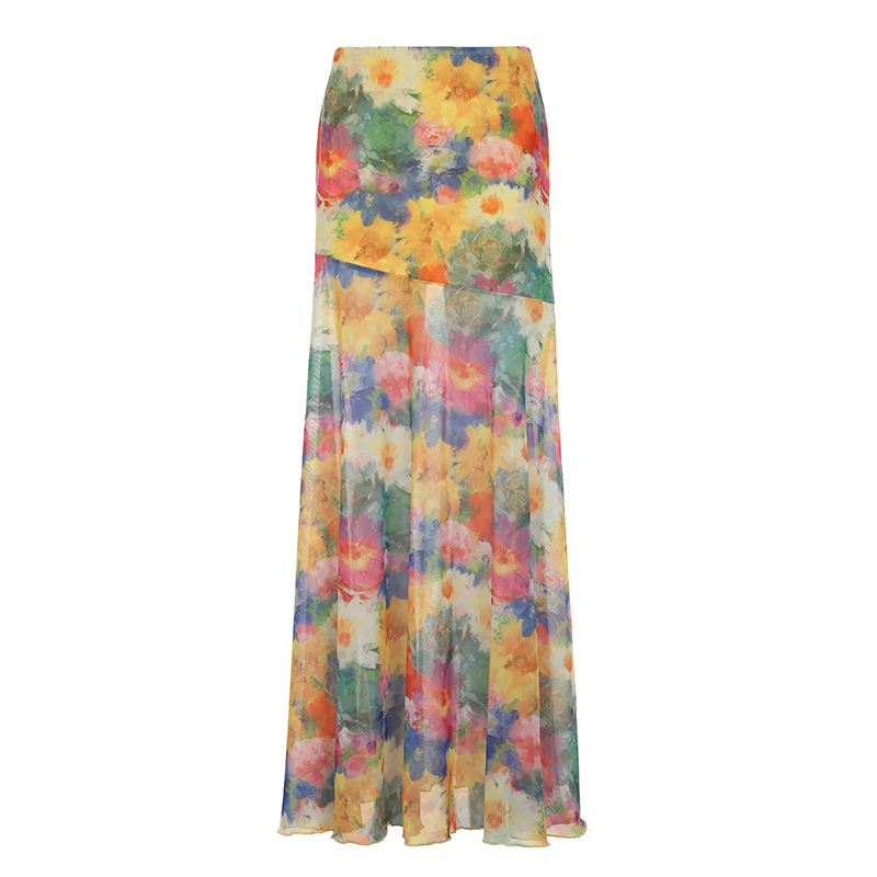 Floral Tulle Midi Skirt with Draped Pleats and Fishtail Hem – Colorful Monet Flower Palace Design for Women, Perfect for Holidays