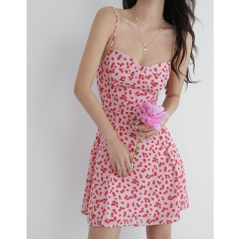 Floral V-Neck Pink Dress - French Style Slim-Fit with Waist-Cinching Wrap, Spaghetti Straps, Short Skirt for Fresh Girl Aesthetic