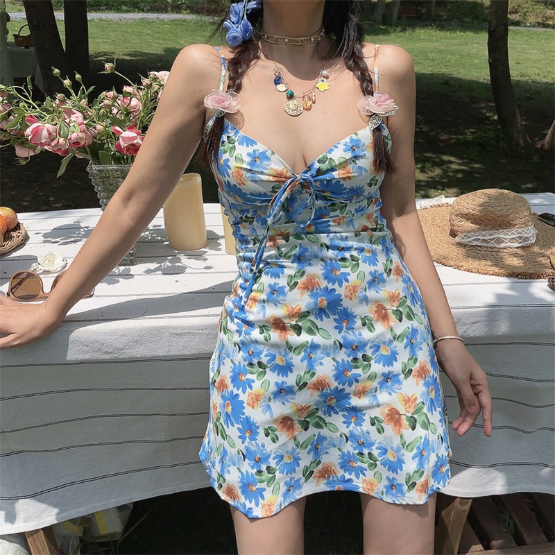 Floral Waist-Cinching Ultra-Slim V-Neck Camisole Dress - Handmade Vacation Style for Women, Perfect for Australian Summer