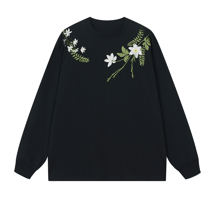 Floral Wreath Embroidered Long Sleeve T-Shirt - Chinese Style Plant Series, Silhouette Design, Perfect for 90s and Y2K Fashion