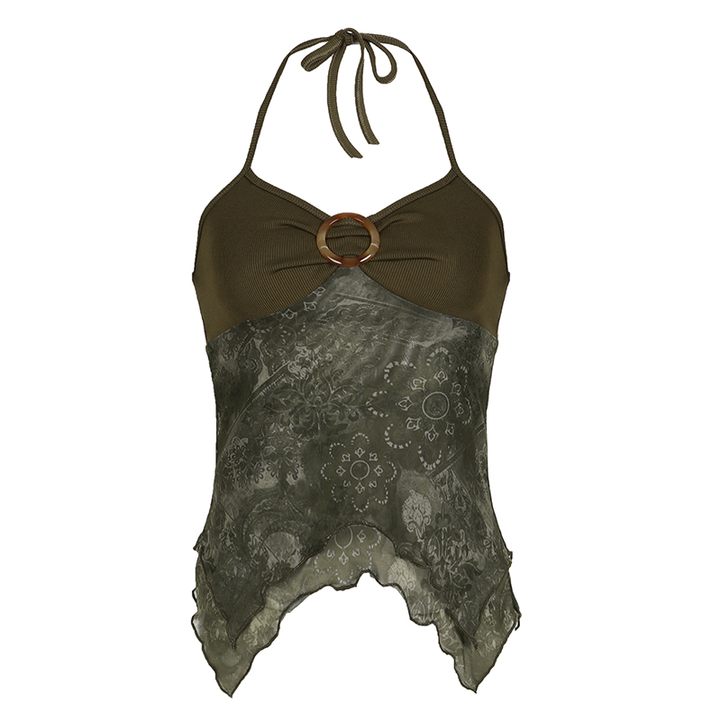 Forest Element Round Ring Buckle Neck Spliced Camisole Women's Ruffled Backless Slim Top - Y2K Chic Fashion