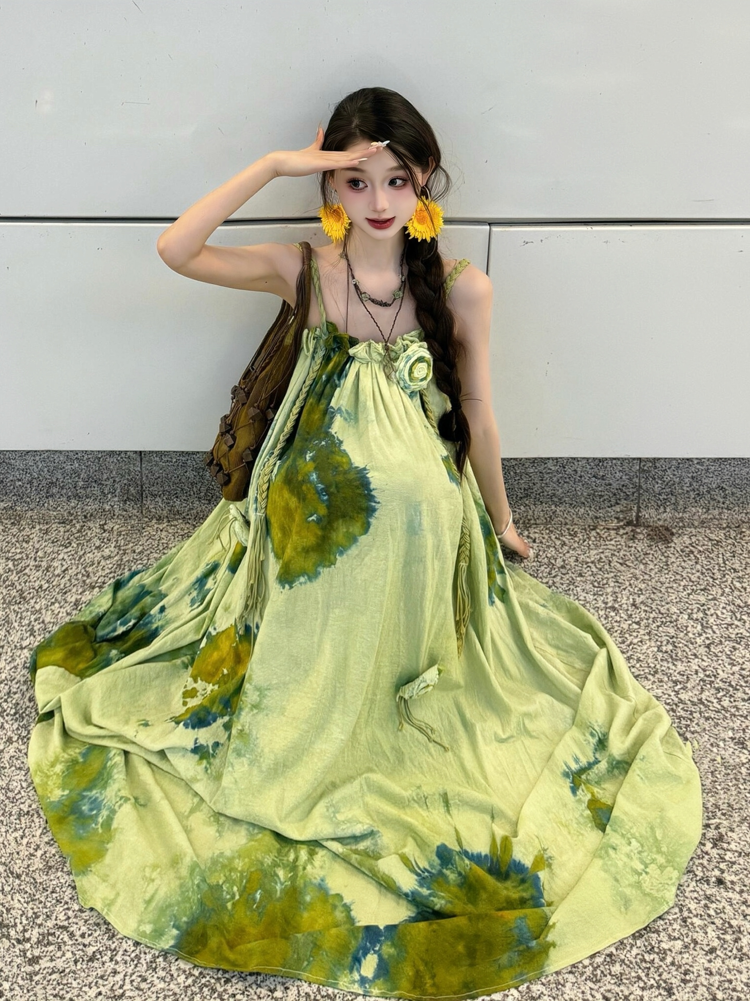 Forest Fairy Watercolor Gradient Printed Vest Dress with 3D Flower Woven Straps - Boho Vacation Style, Summer Fashion