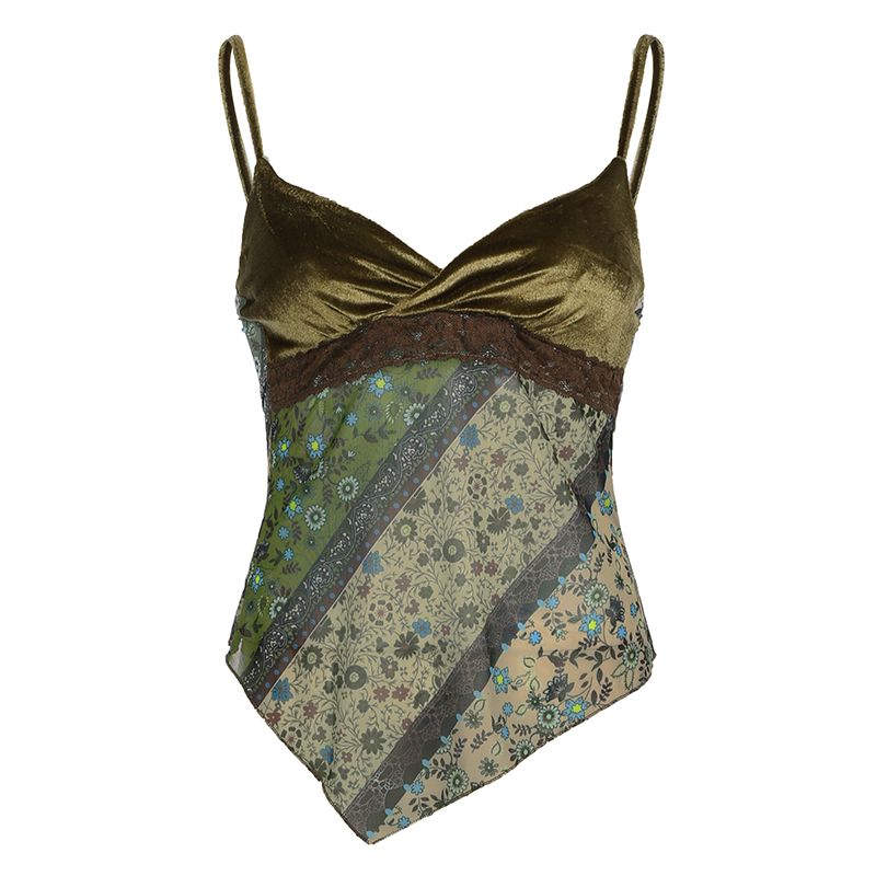 Forest Style Folk Floral Patchwork Spaghetti Strap Women's Asymmetrical Mid-Length Ethnic Vest - Boho Chic 90s Inspired Fashion