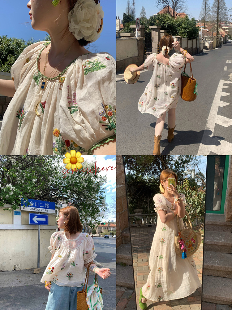 Fragrant Grass Flower Embroidered Shirt Dress for Women - Retro Ramie Summer Dress with Loose Puff Sleeves