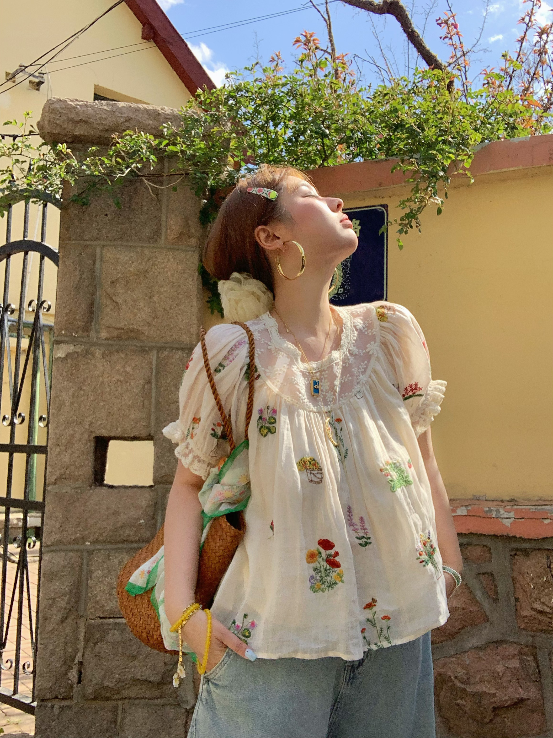 Fragrant Grass Flower Embroidered Shirt Dress for Women - Retro Ramie Summer Dress with Loose Puff Sleeves