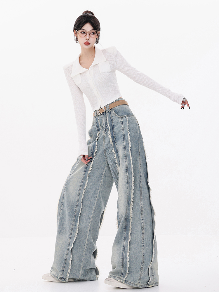 Frayed Design Wide-Leg Denim Pants for Women - Loose Straight-Leg Floor-Length Style - Autumn 90s Inspired Fashion