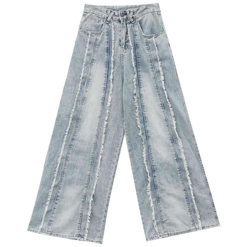 Frayed Design Wide-Leg Denim Pants for Women - Loose Straight-Leg Floor-Length Style - Autumn 90s Inspired Fashion