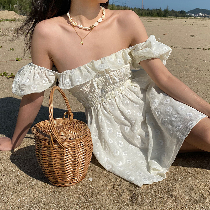 French Bubble Sleeve Off-Shoulder Ruffle Daisy Embroidered Dress with Pleated Skirt - Y2K Fashion, Cute Summer Style