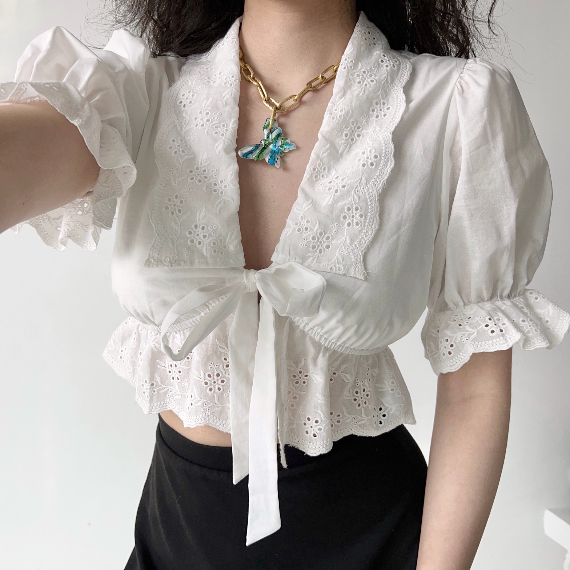 French Court Style Puff Sleeve Embroidered Tie White Shirt - Women's Short Top for Y2K and 90s Inspired Fashion