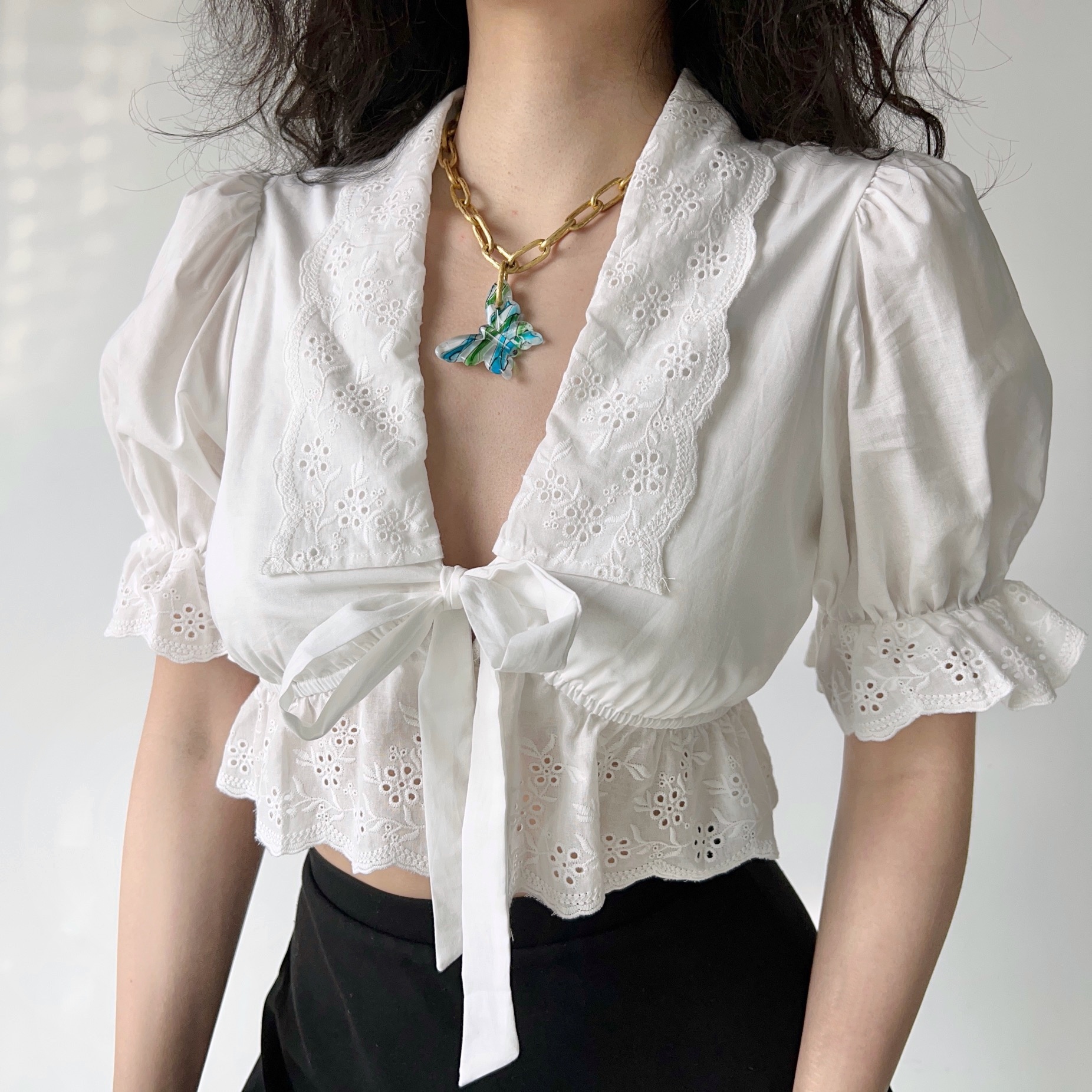 French Court Style Puff Sleeve Embroidered Tie White Shirt - Women's Short Top for Y2K and 90s Inspired Fashion