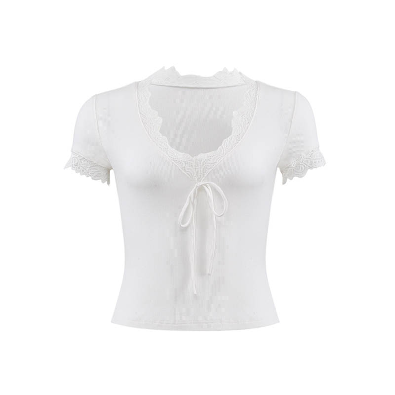 French Lace V-Neck Short Sleeve T-shirt for Women - White Slim Fit Sexy Tie-Up Top, Y2K Style Fashion