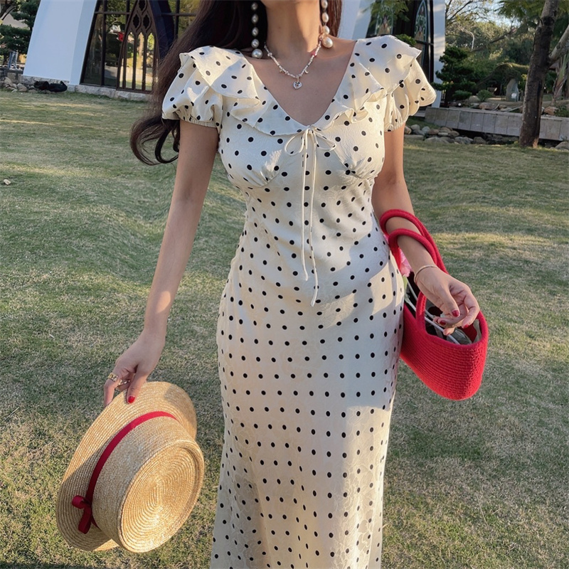 French Polka Dot Ruffled Puff Sleeve Waist-Defined Maxi Dress for Women - 2025 Spring/Summer Vacation Style
