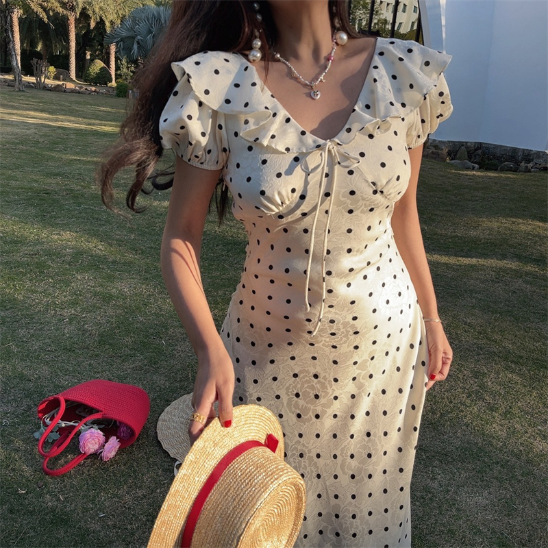 French Polka Dot Ruffled Puff Sleeve Waist-Defined Maxi Dress for Women - 2025 Spring/Summer Vacation Style