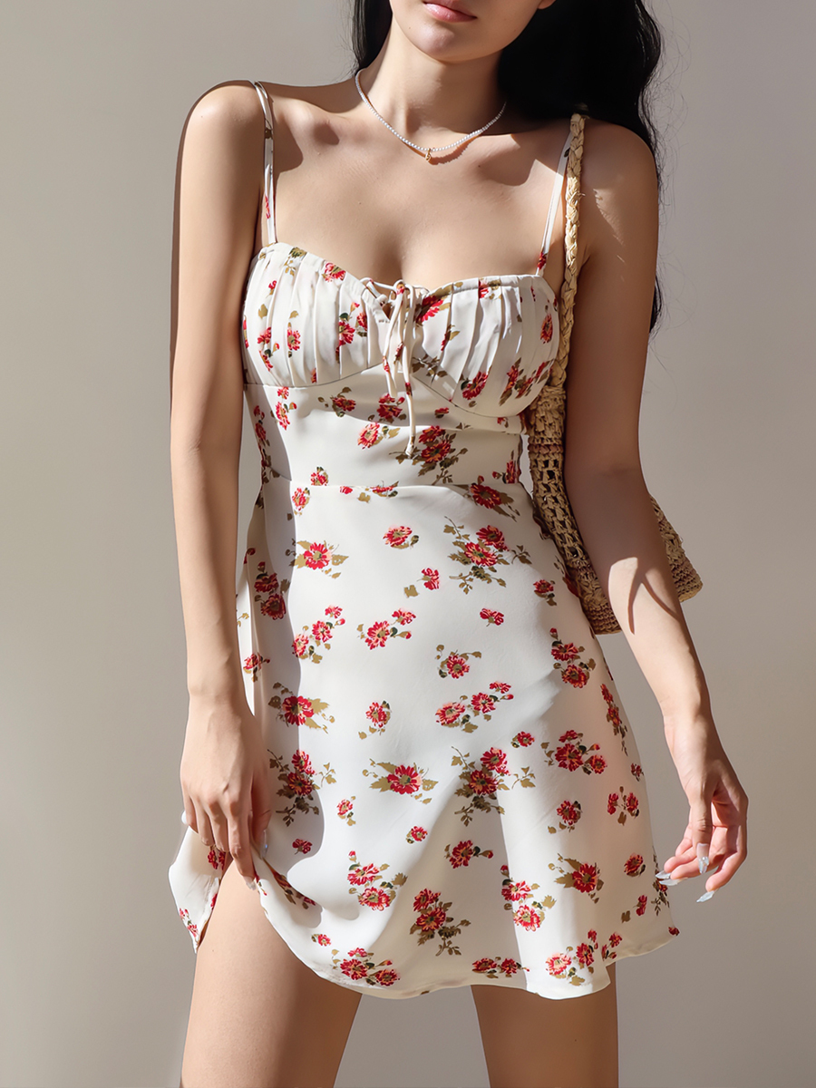 French Retro Floral V-Neck Waist-Tie Sling Dress - Sexy A-Line Mini Skirt for Vacation, 90s Inspired Summer Fashion