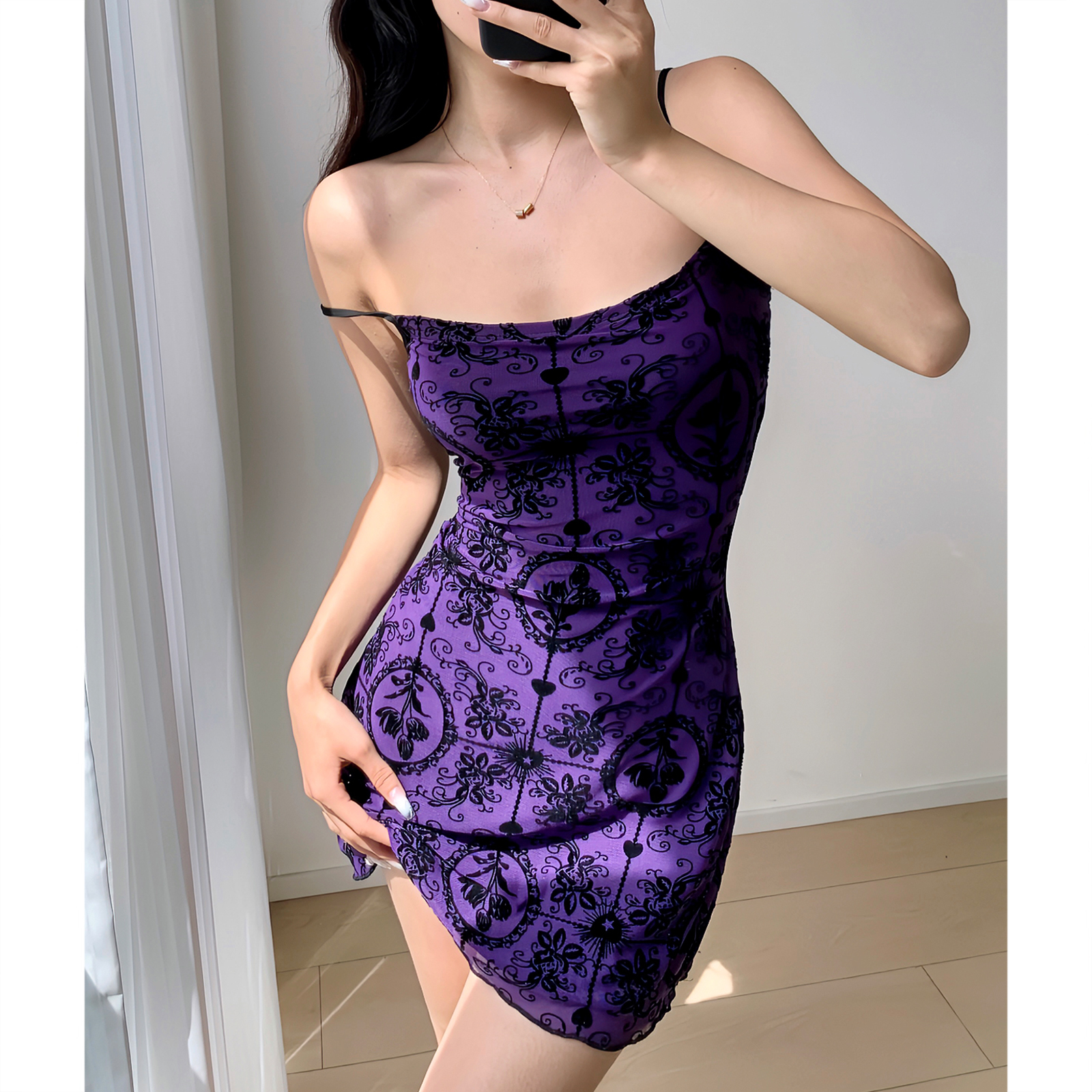 French Retro Girl Purple Printed Elastic Mesh Camisole Mini Dress - Sexy Vacation Style
