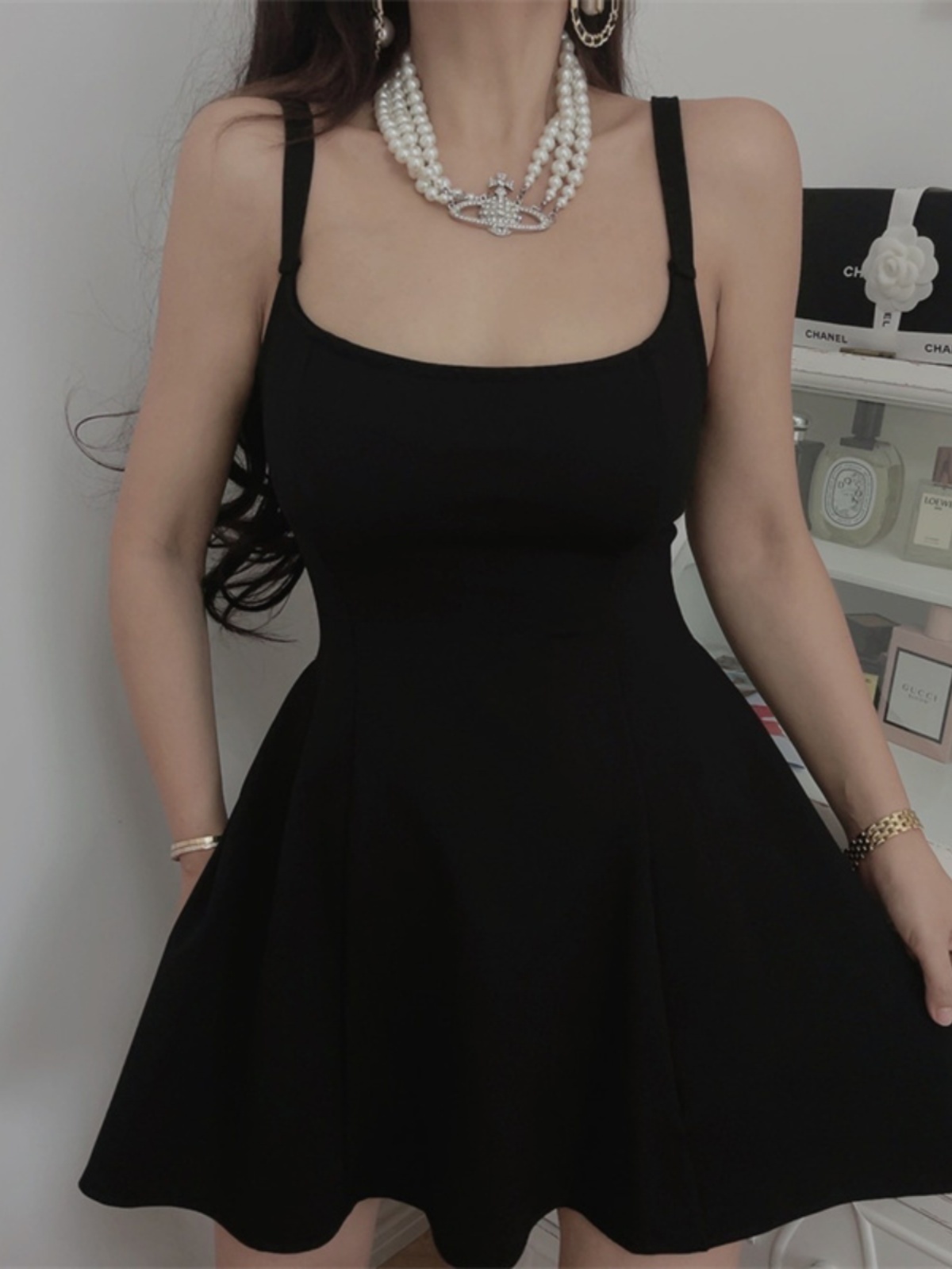 French Retro Square Neck Black Waist-Cinching Camisole Dress for Women - Chenopod Style, Spring/Summer 2025 Vacation Essential