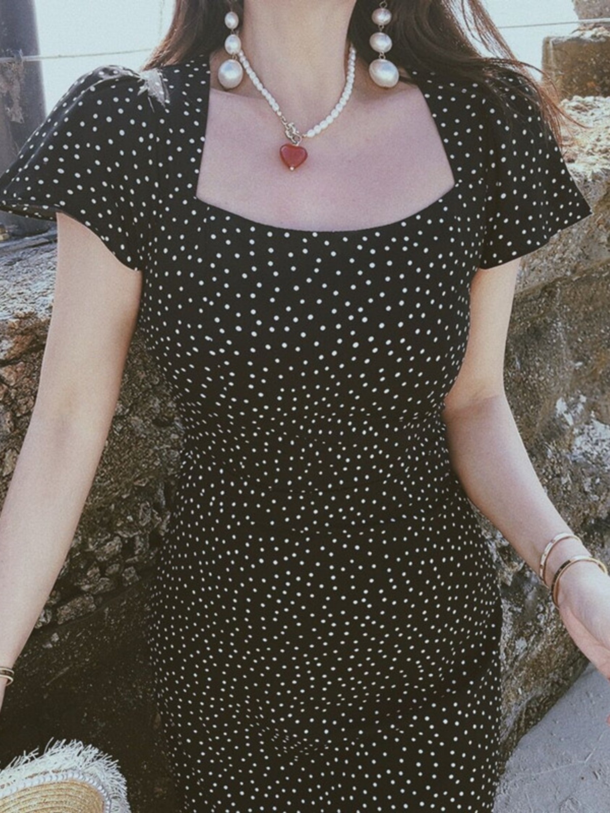French Romantic Polka Dot Long Dress - Vintage Square Neck Flutter Sleeve Bodycon for Spring/Summer Vacation Style