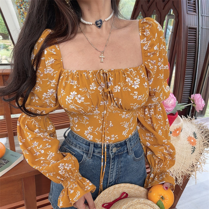 French Square Neck Lantern Sleeve Floral Blouse with Drawstring Waist - 2025 Spring/Summer Vacation Style Top