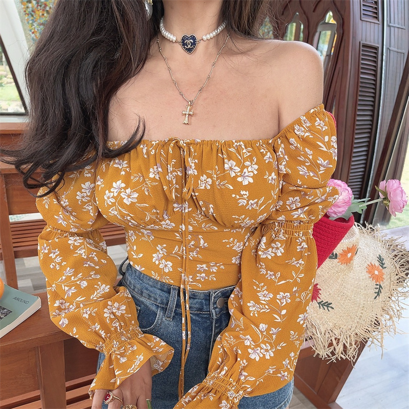 French Square Neck Lantern Sleeve Floral Blouse with Drawstring Waist - 2025 Spring/Summer Vacation Style Top