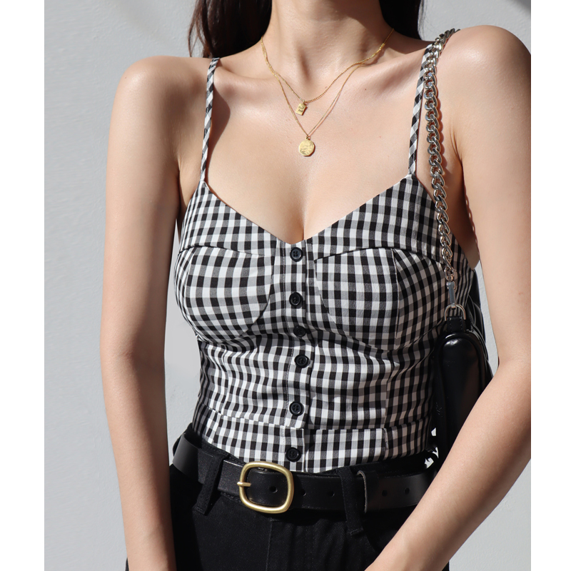 French Style Black and White Check V-Neck Ruffled Strap Tank Top for Women, Vintage Slim Fit Back Tie Blouse, Y2K Fashion