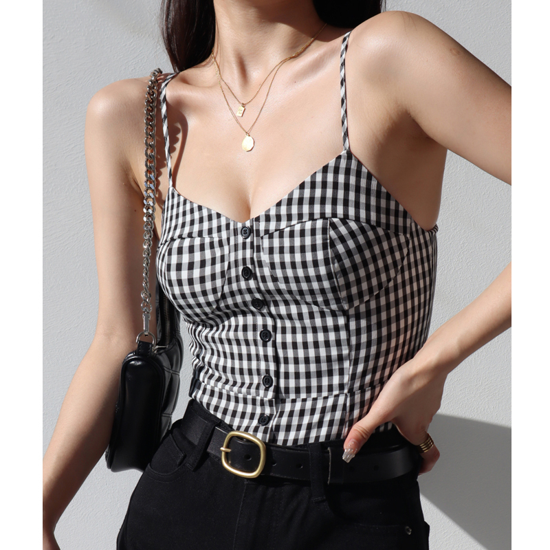 French Style Black and White Check V-Neck Ruffled Strap Tank Top for Women, Vintage Slim Fit Back Tie Blouse, Y2K Fashion