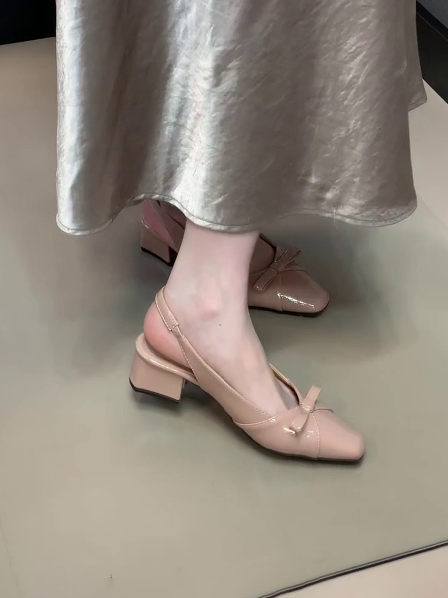 French Style Bow Tie Chunky Heel Open-Toe Sheepskin Sandals with Back Strap - Elegant Square Toe Flats for Women