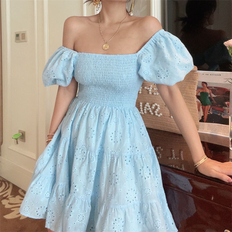French-Style Elastic Gathered Lantern Sleeve Square Neck Embroidered Cotton Blue Vacation Dress - Spring/Summer 2025 Fashion