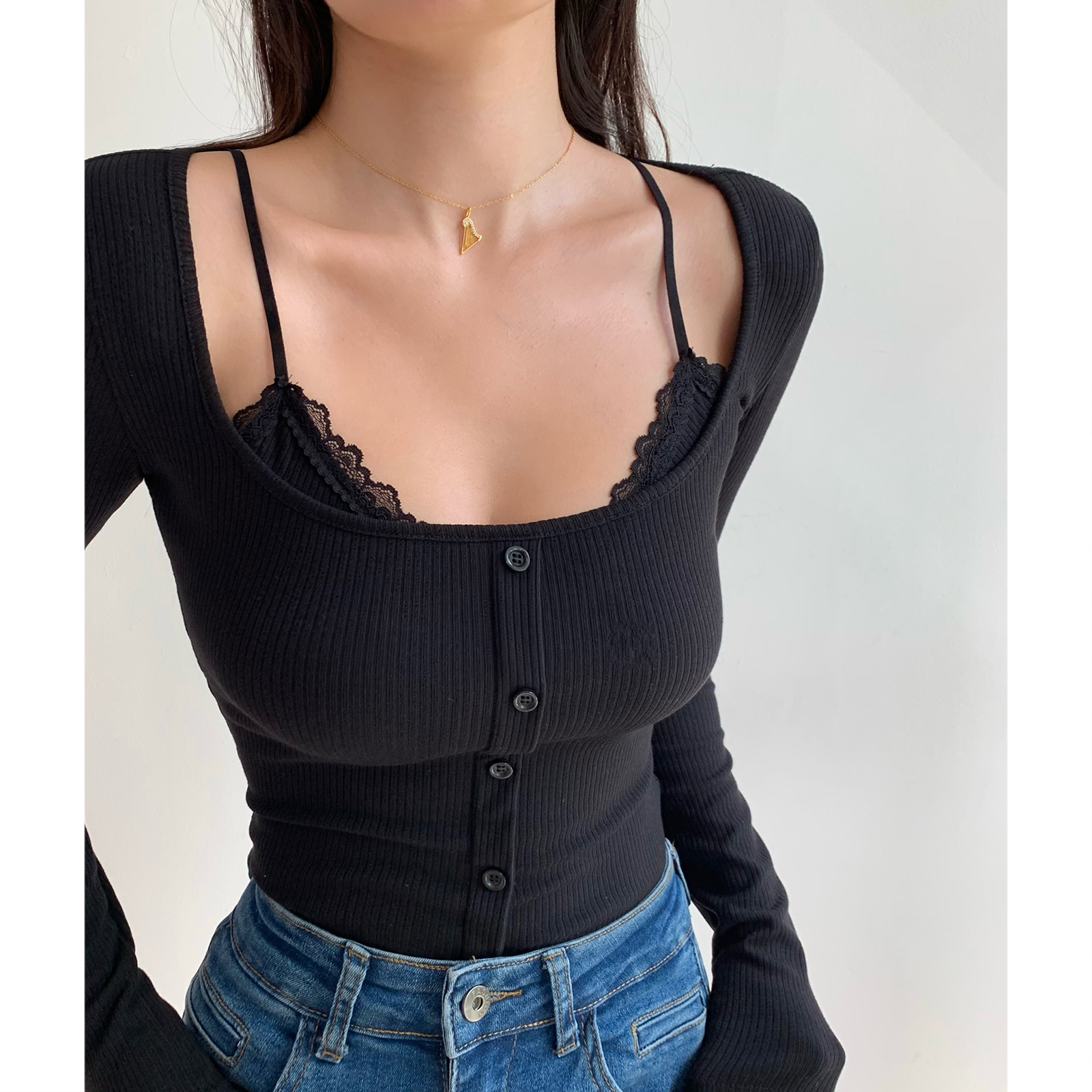French Style Faux Two-Piece Vintage Lace Trim Long Sleeve Slim Fit Round Neck T-Shirt Top for Women