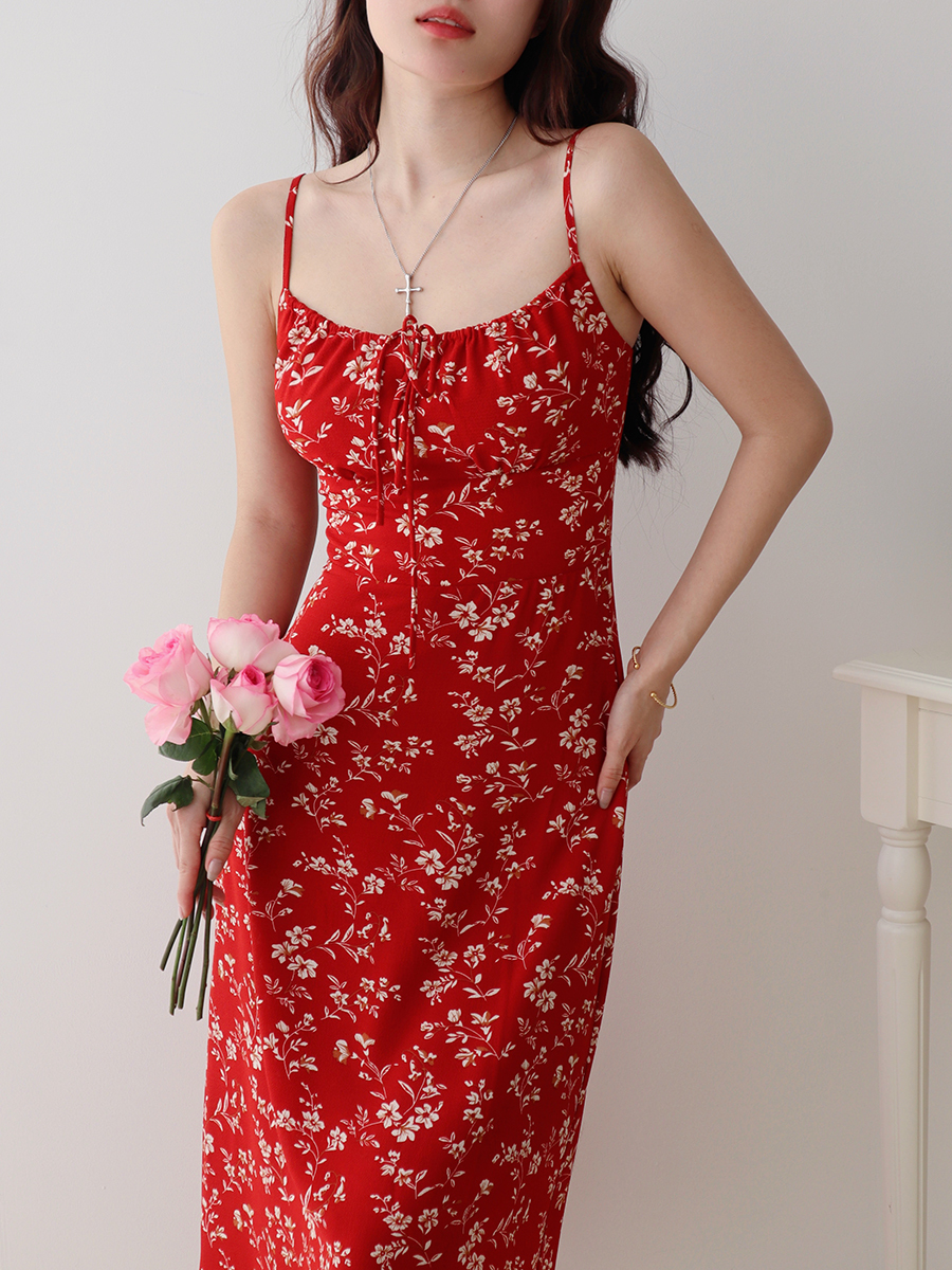 French Style Floral Tie Strap Slip Dress - Women's Waist-Defining Slimming Long Dress for Vacation, Y2K Summer Fashion