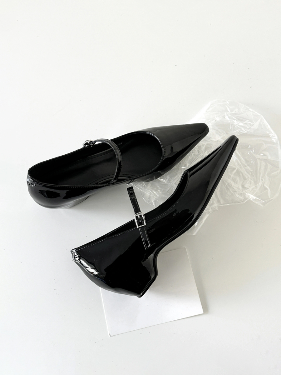 French Style One-Strap Chunky Heel Mary Jane Shoes, Pointed Toe, Shallow Mouth, Sheepskin Commuting High Heels