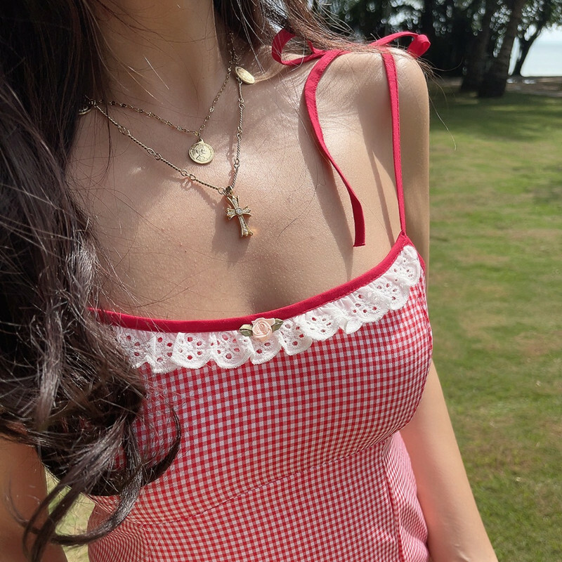 French-Style Plaid Lace-Trimmed Square-Neck Camisole Dress - 2025 Spring/Summer Vacation Short Skirt, Perfect for Y2K & 90s Looks