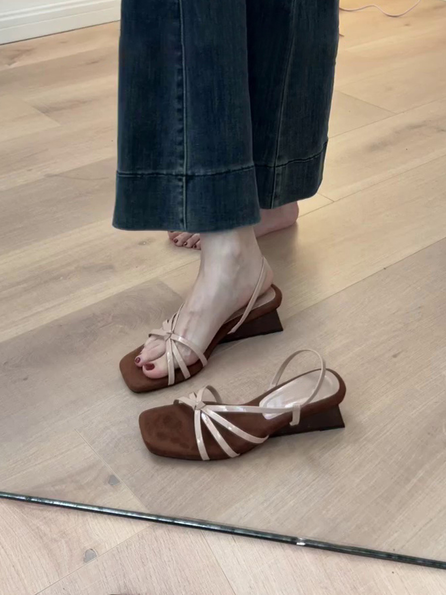 French Style Sheepskin One-Strap Wedge Sandals for Women - Open-Toe High-Heeled Square Toe Roman Sandals for Chic Outfits