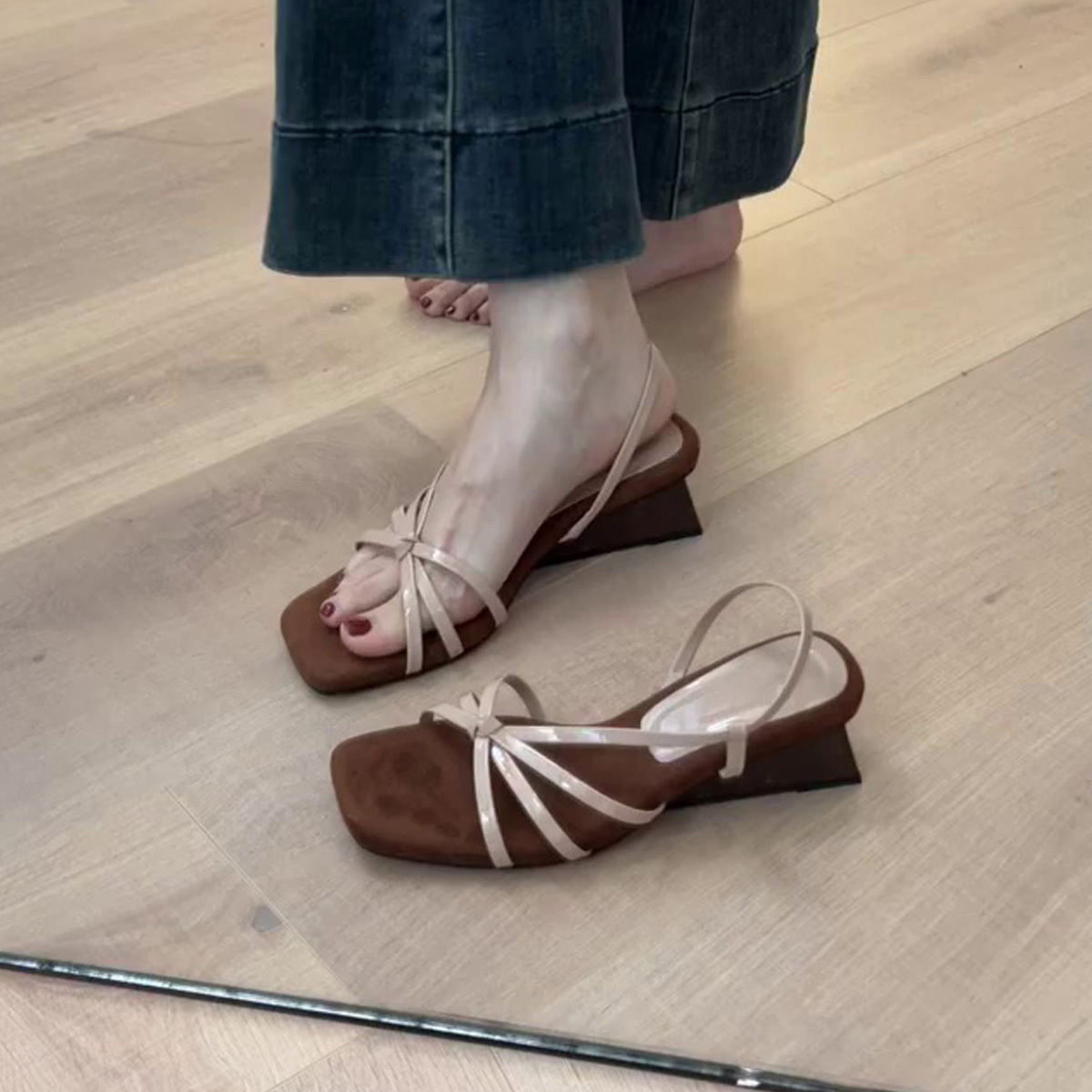 French Style Sheepskin One-Strap Wedge Sandals for Women - Open-Toe High-Heeled Square Toe Roman Sandals for Chic Outfits