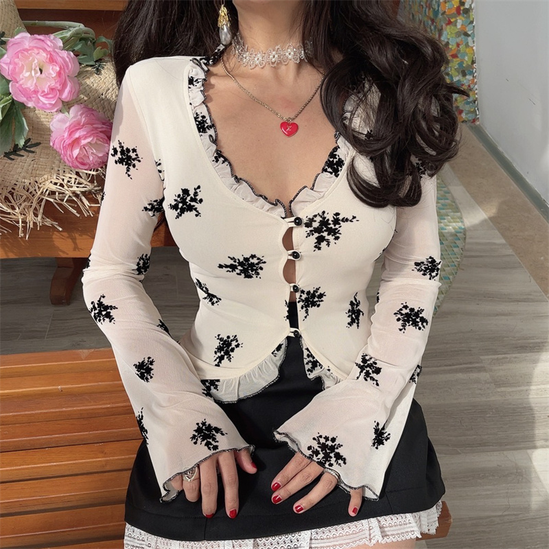 French Style Sheer Black V-Neck Vacation Shirt Top with Mushroom Edge - Women's Waist-Defining 2025 Spring Fashion
