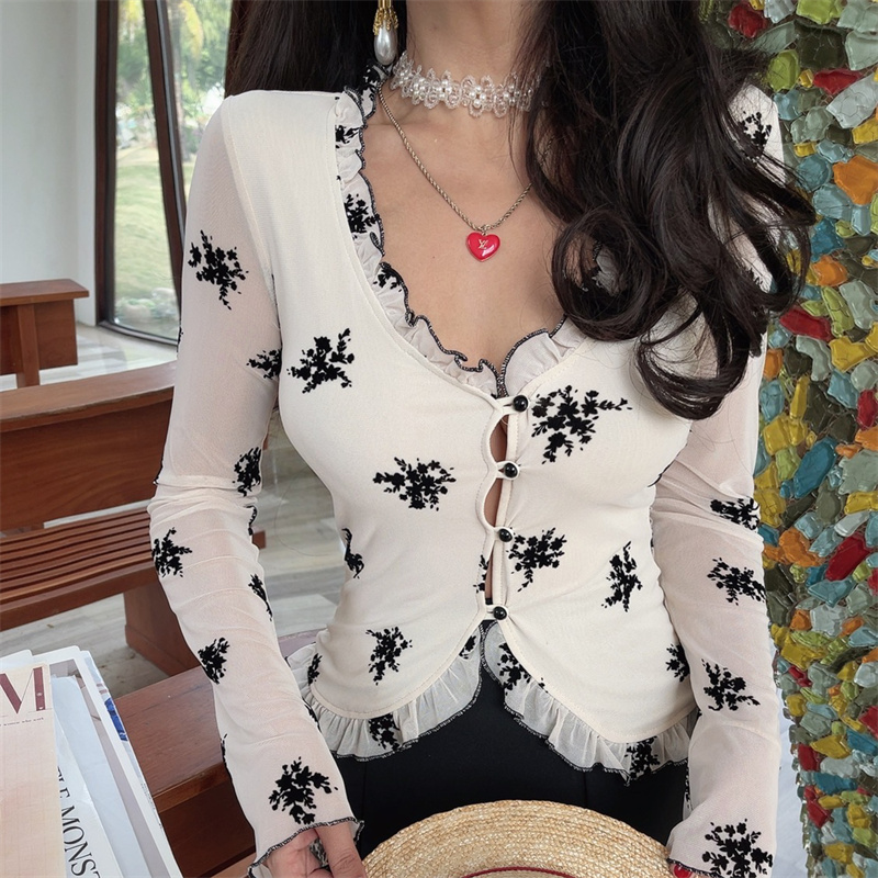 French Style Sheer Black V-Neck Vacation Shirt Top with Mushroom Edge - Women's Waist-Defining 2025 Spring Fashion