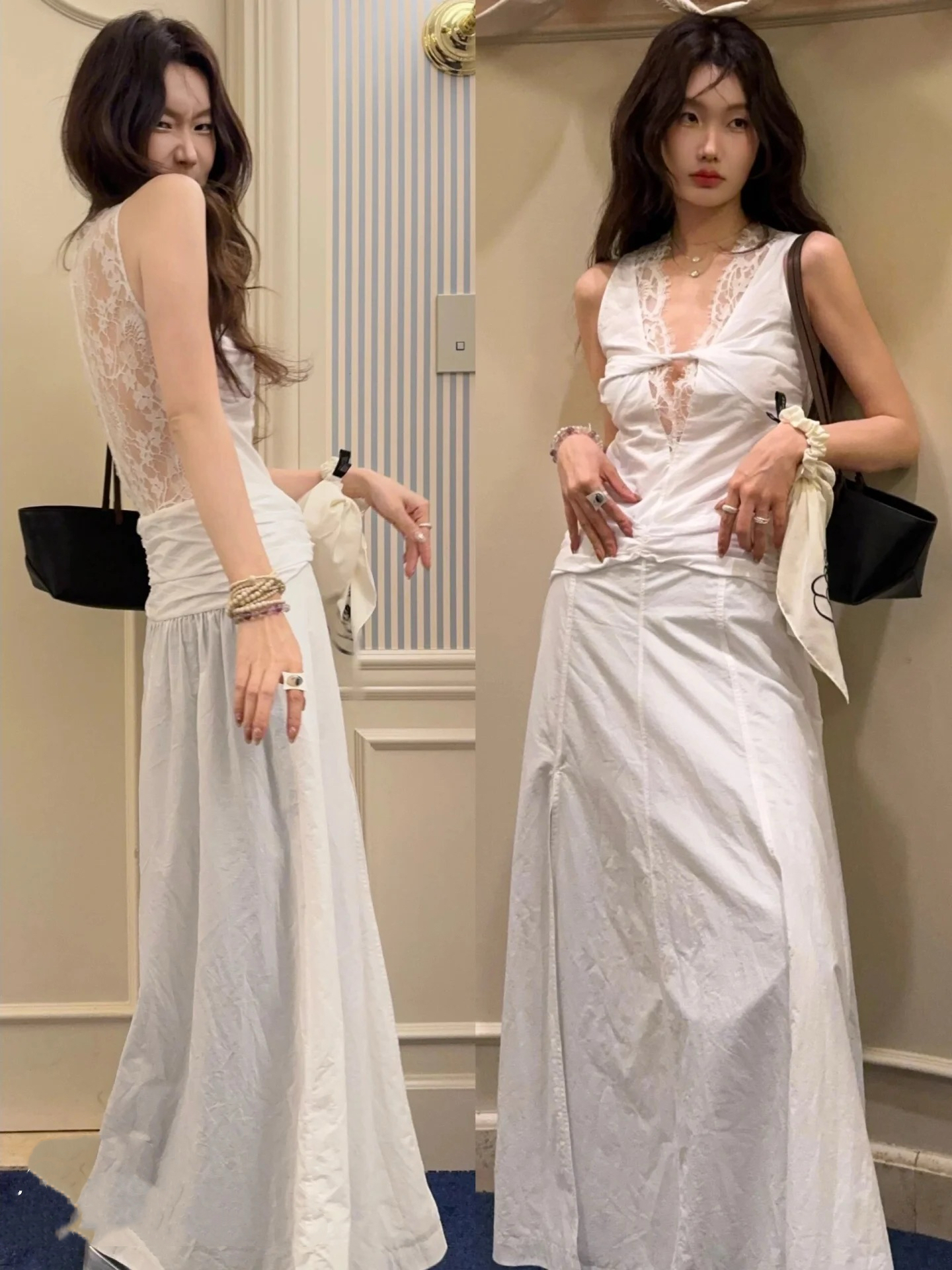 French Summer V-Neck Lace Dress Women's A-Line Vintage Slim Long Dress - Elegant 90s Inspired Style