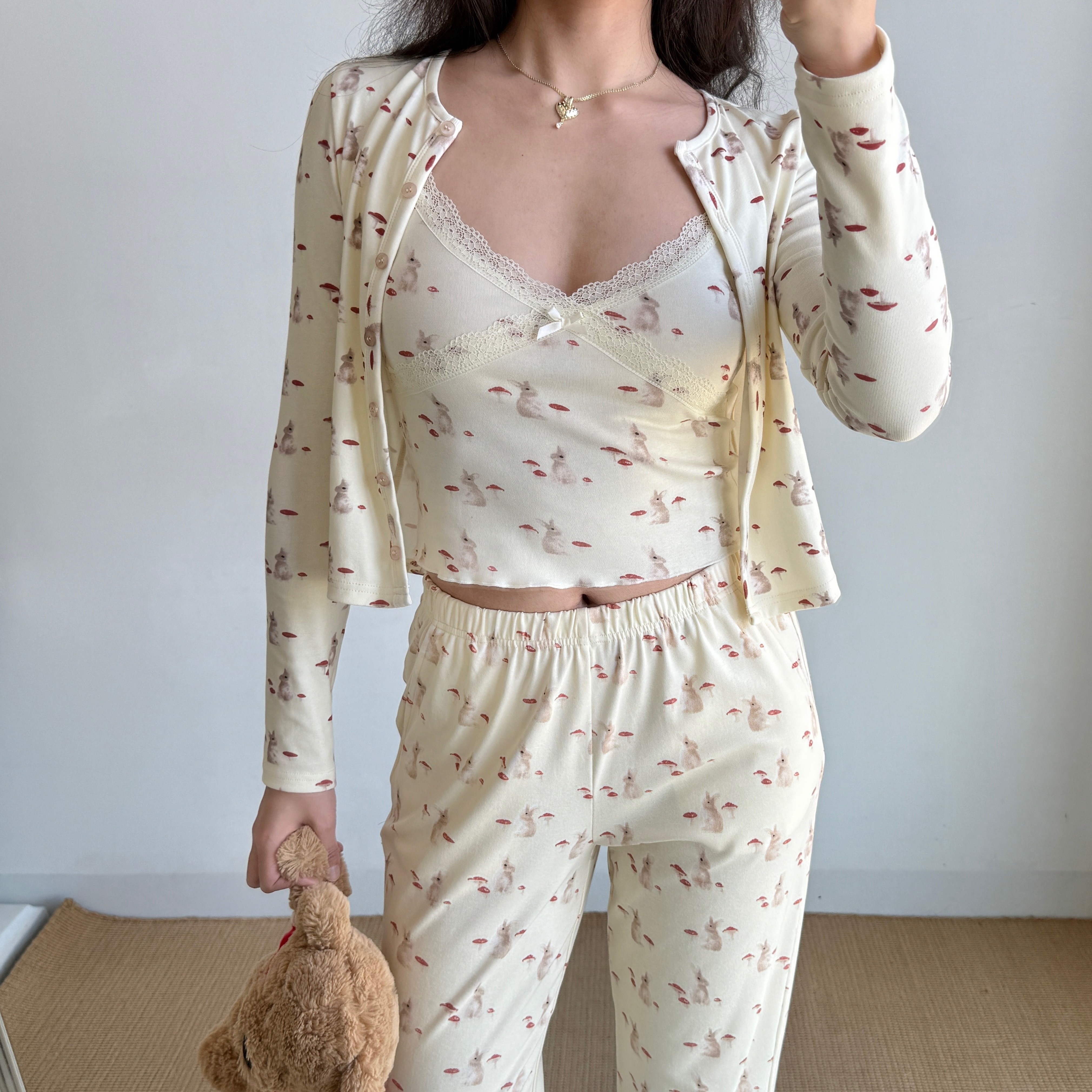 French Sweet Bunny Print Cami Pajama Cardigan and Shorts Loungewear Set for Women – Cute and Comfy Sleepwear Outfit