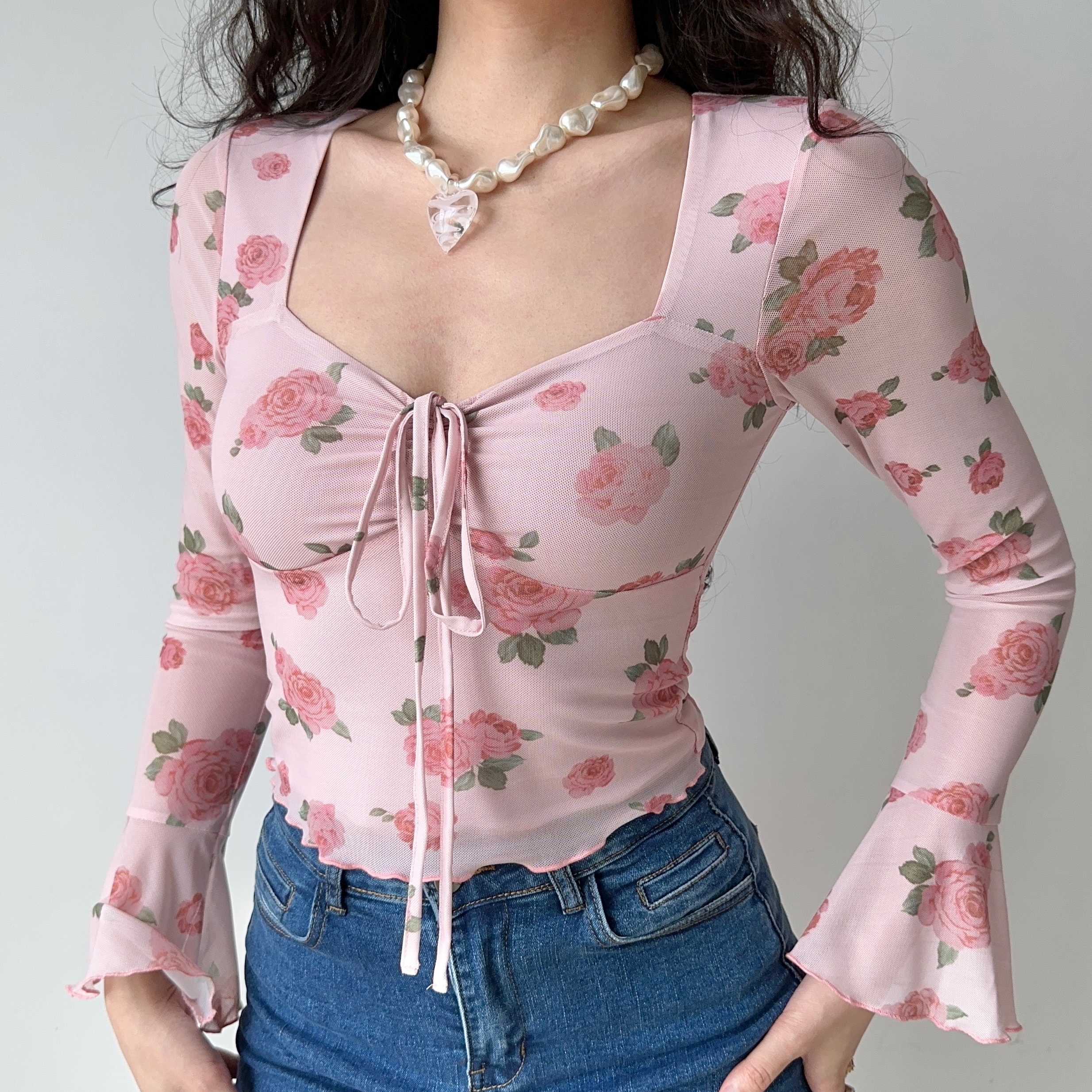 French Sweet Floral Print Bell Sleeve Square Neck Shirt - Women's Slim Fit Long Sleeve Top for Y2K and 90s Inspired Fashion