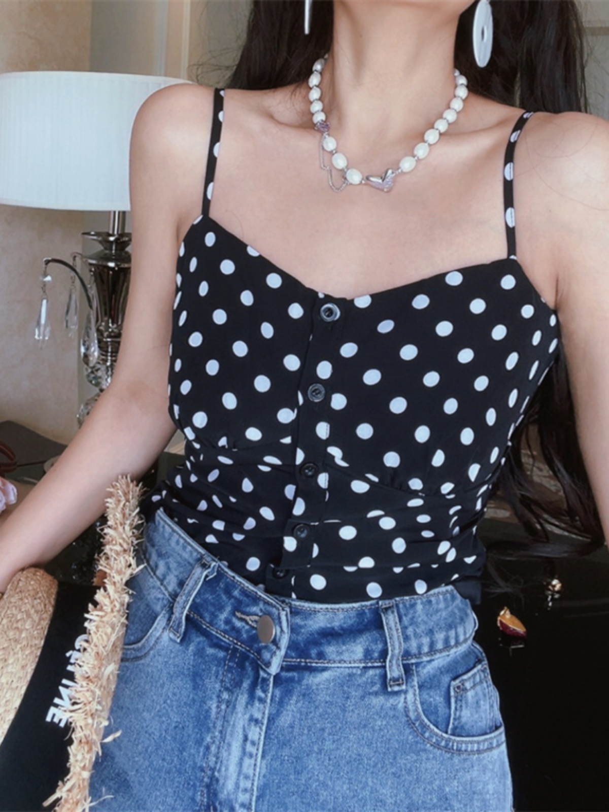 French Vintage Black Polka Dot Thin Strap Camisole Top for Women - 2025 Spring/Summer Vacation Style, Y2K Fashion