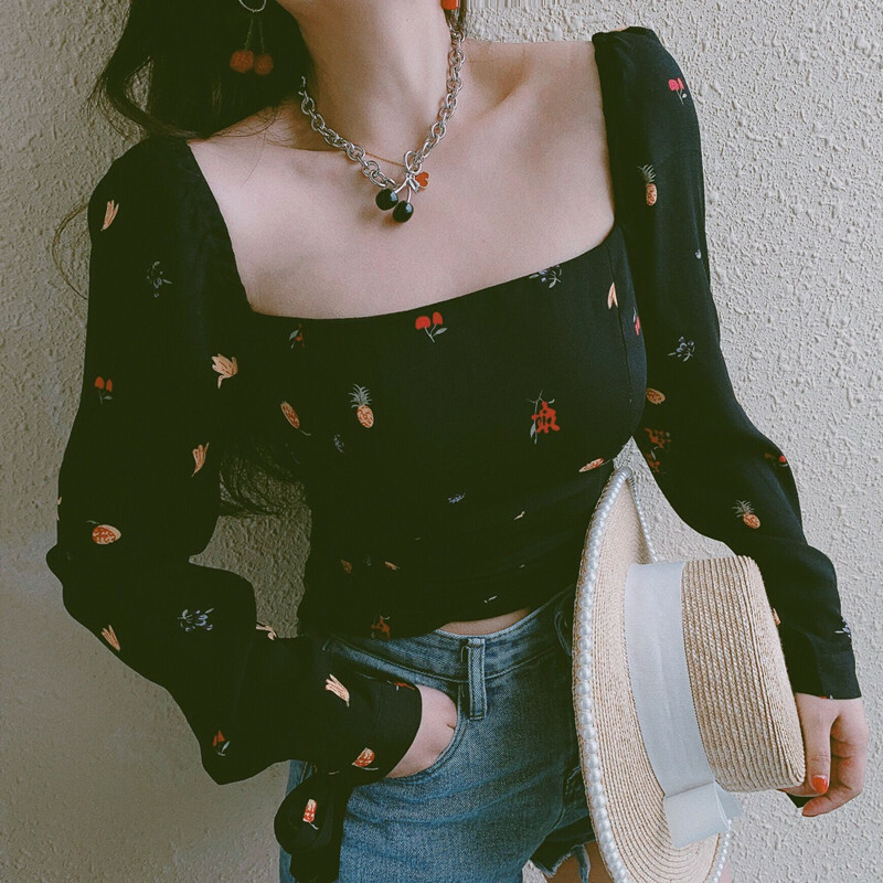French Vintage Black Square Neck Fruit Print Short Top - 2025 Spring/Summer Vacation Blouse for Y2K and Retro Style Lovers