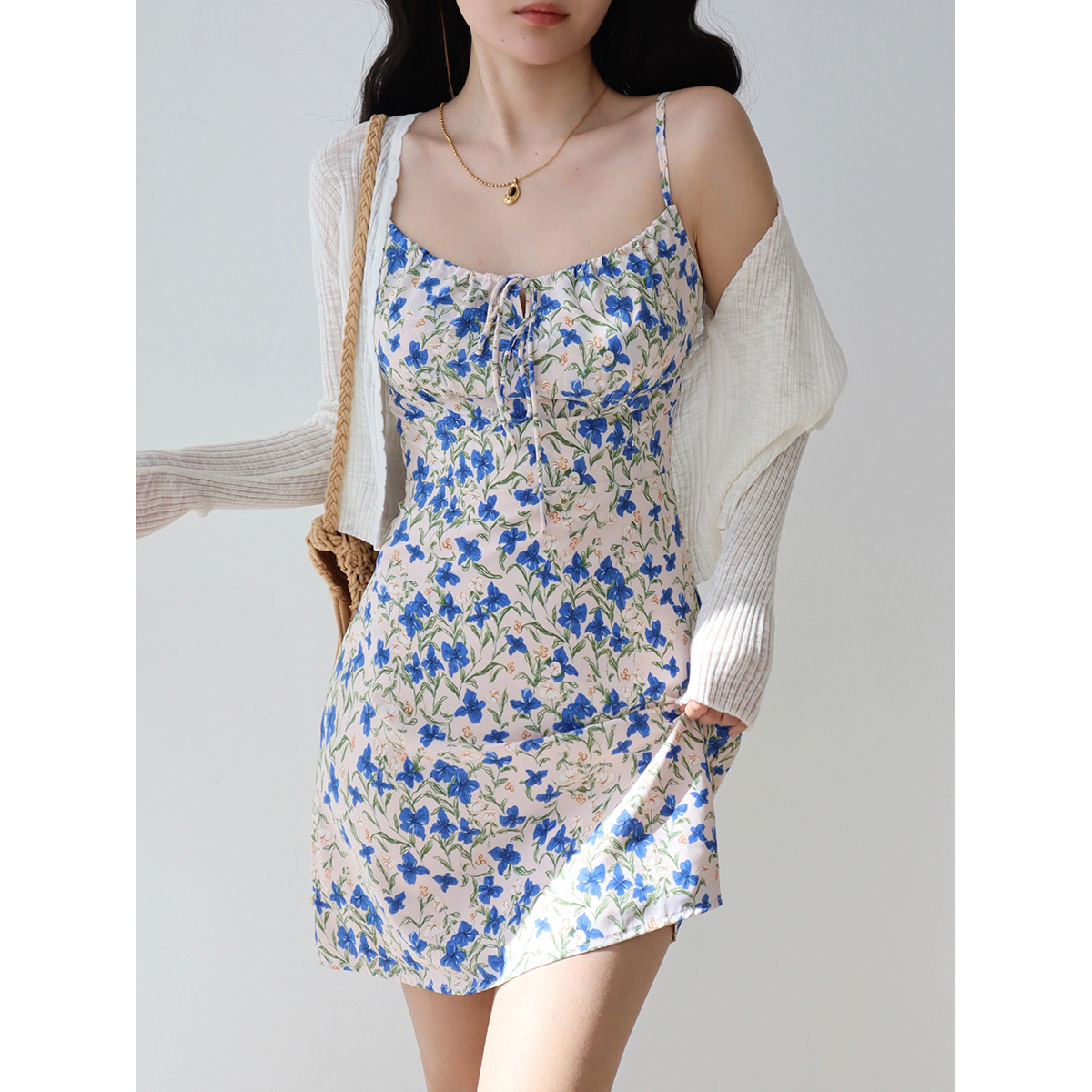 French Vintage Blue Floral Tie Strap Bodycon Mini Dress for Women - Slim Fit 90s Inspired Fashion