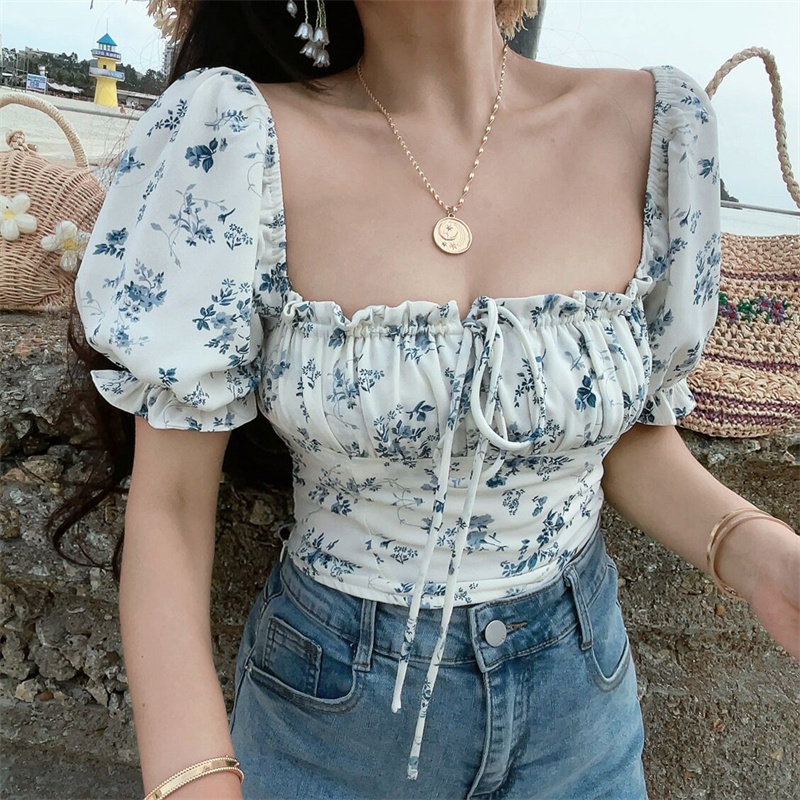 French Vintage Drawstring Tie Square Neck Puff Sleeve Waist-Exposing Short Sleeve Top for Vacation - Spring/Summer 2025 Fashion