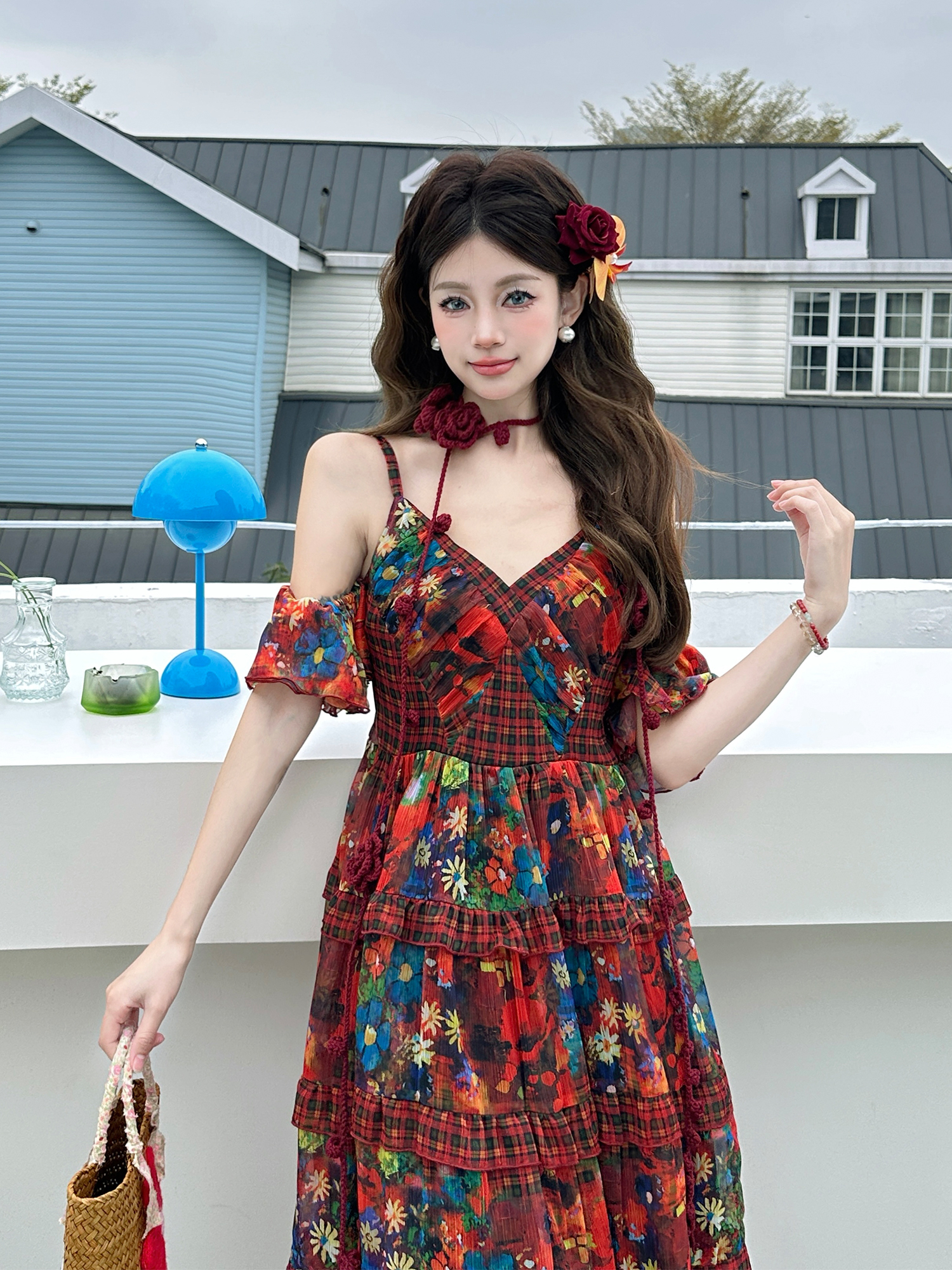 French Vintage Floral Long Dress with V-Neck and Spaghetti Straps - Summer Vacation Style Inspired by 90s and Y2K Fashion